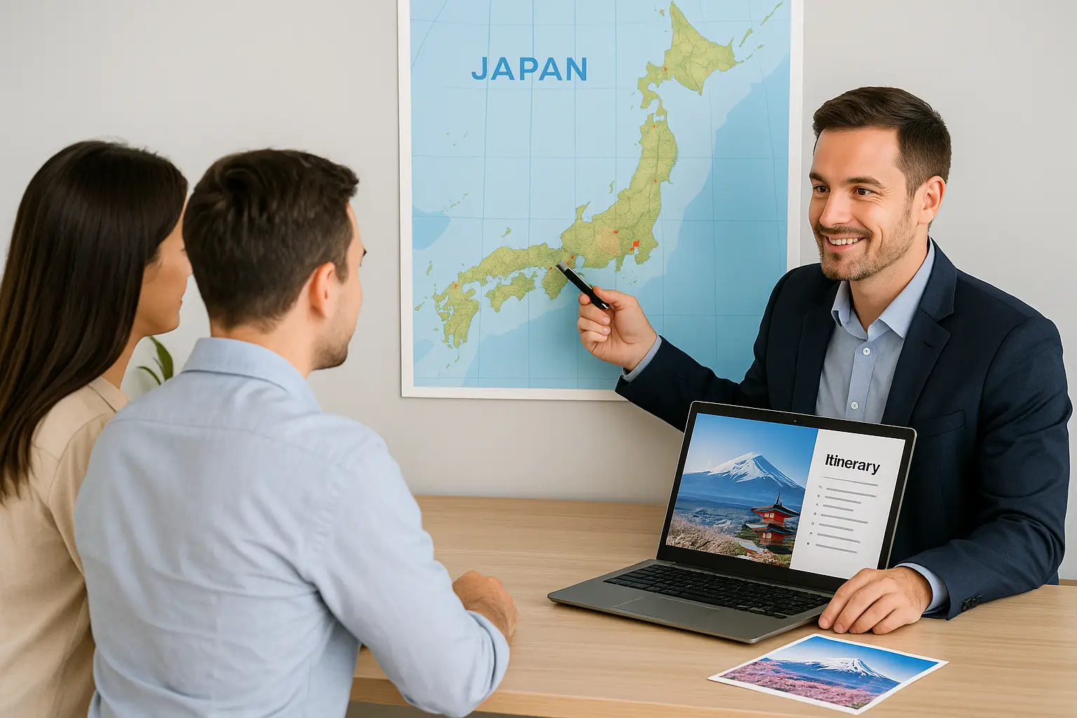 Consultant presenting a Mount Fuji photo and marking key cities on a Japan map as two travelers review booking details at the desk