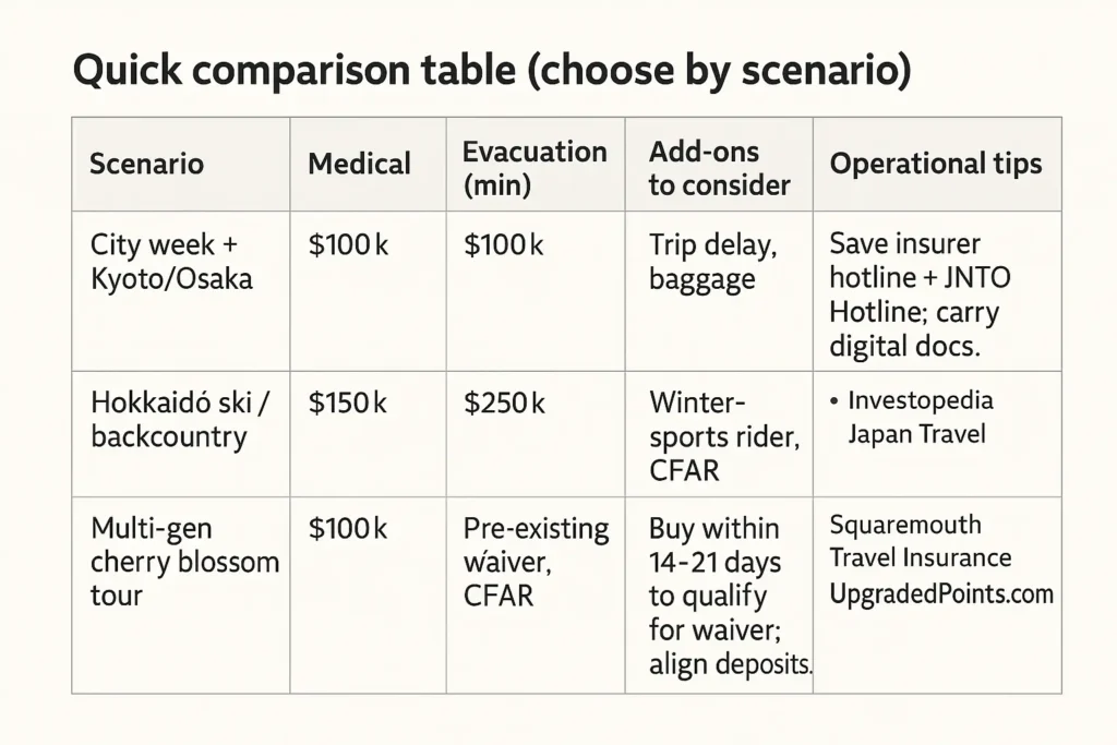 Comparison table for Japan travel insurance—city week, Hokkaidō ski, multi-gen tour—with columns for medical, evacuation, add-ons and tips.