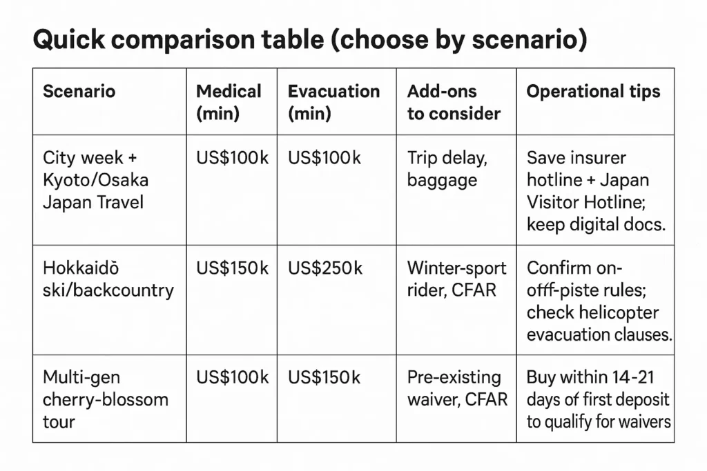 Travel insurance comparison table showing medical, evacuation, add-ons, and tips for Japan trip scenarios.