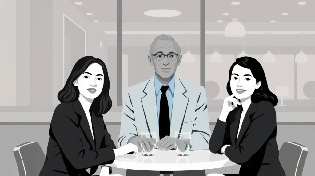 Illustration of three professionals in discussion at a table with glasses of water in a modern office setting.