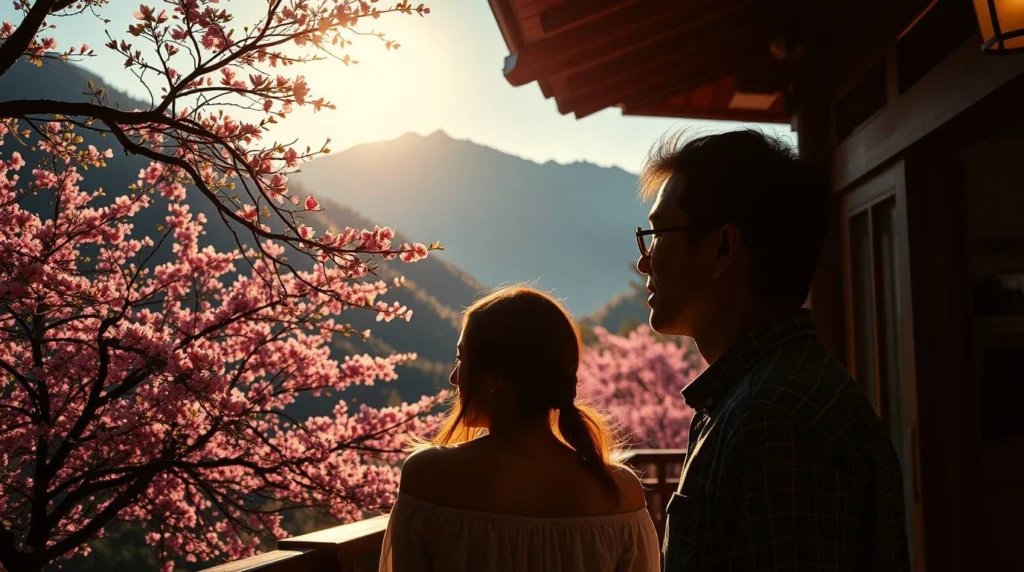 Couple standing on a balcony at sunset overlooking pink cherry blossoms and distant mountain peaks.