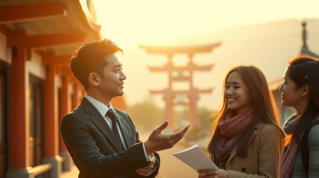 Guide in a suit gestures while two travelers smile near a torii gate at sunset, holding notes for a guided shrine walk.