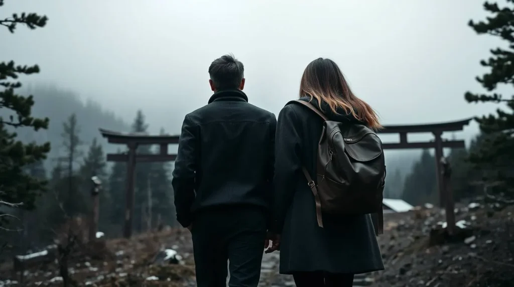 Couple walking on a foggy mountain path with dark coats, heading toward traditional Torii gates.
