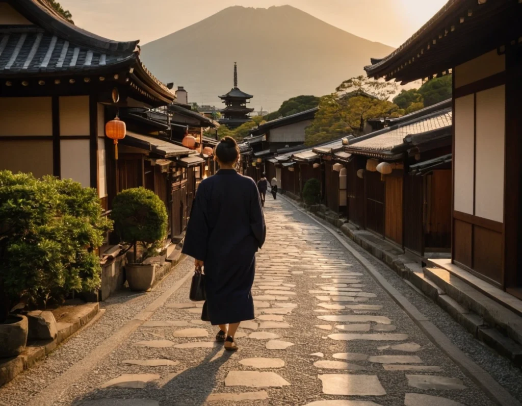 Backpack traveler on a narrow Kyoto street at sunset; glowing lanterns and a red tiered pagoda ahead beside shopfronts.