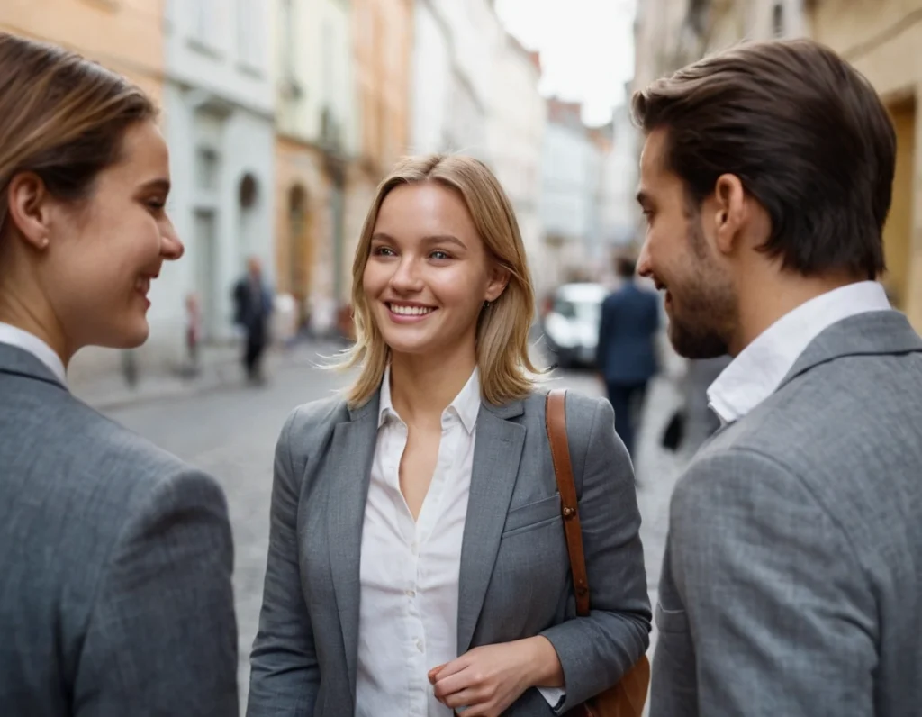 Smiling woman in blazer speaks with two travelers on a pedestrian street, shallow depth of field, daytime city scene.