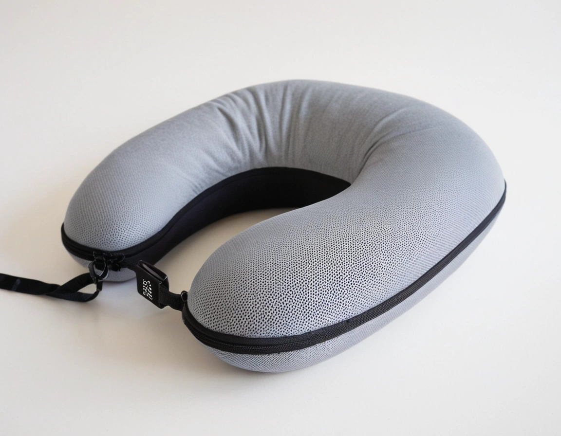 Gray travel neck pillow with black mesh lining and drawstring pouch, displayed on a white background.