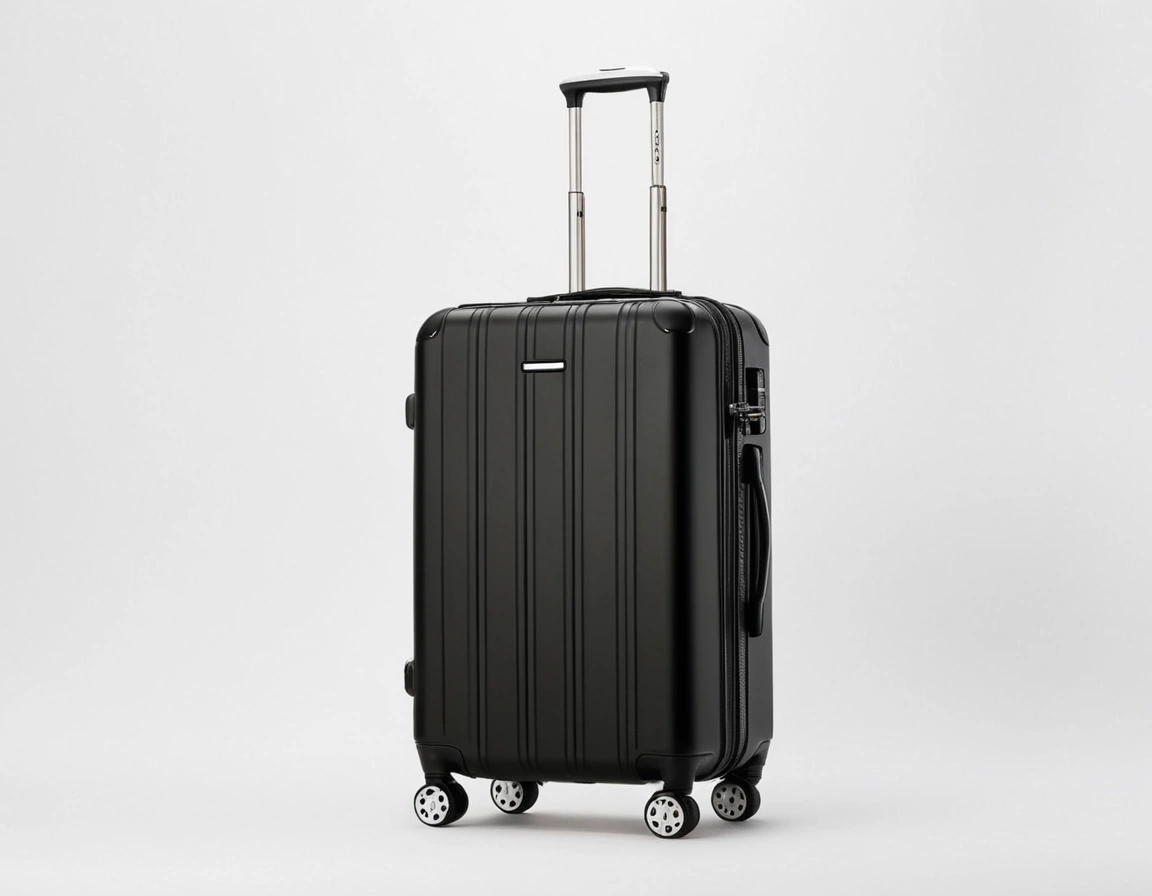 Black hard-shell carry-on suitcase with spinner wheels and telescopic handle on a white background.