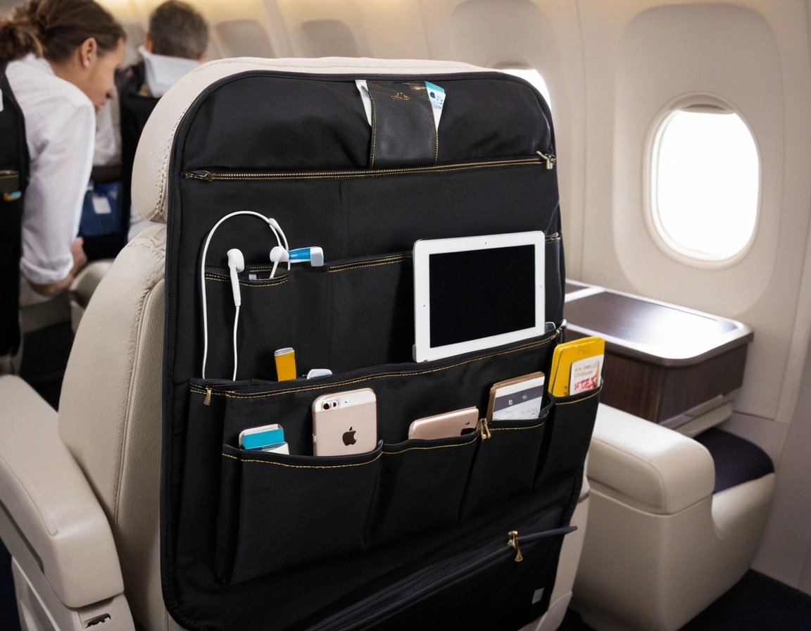Airplane Pockets organizer attached to an airplane seatback, holding a tablet, bottle, glasses, and earphones.