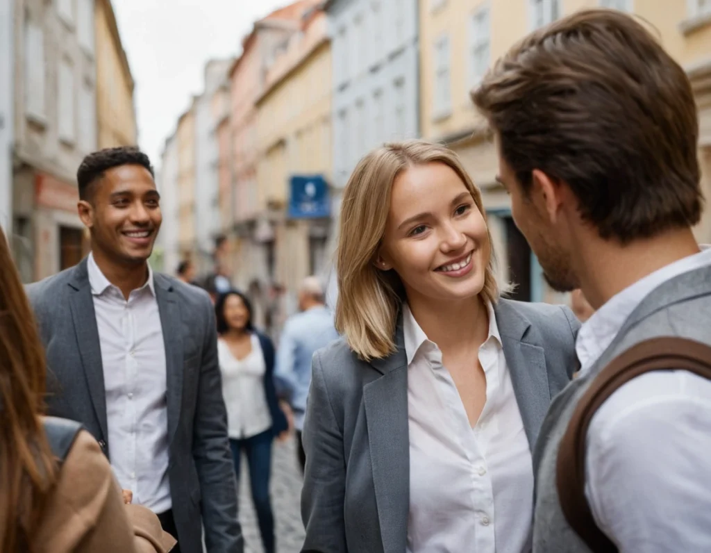 Young professionals in suits smiling and conversing on a lively city street.