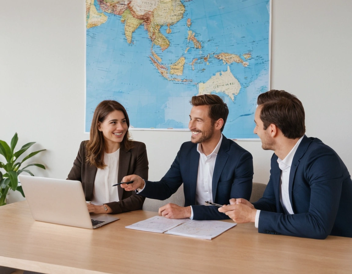 Travel agent advising a couple in a modern office, pointing at a large Japan map while an open laptop displays Mount Fuji and a draft itinerary