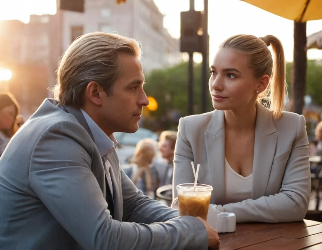 Three people in business attire sitting at an outdoor café table with drinks, talking together in warm evening light.