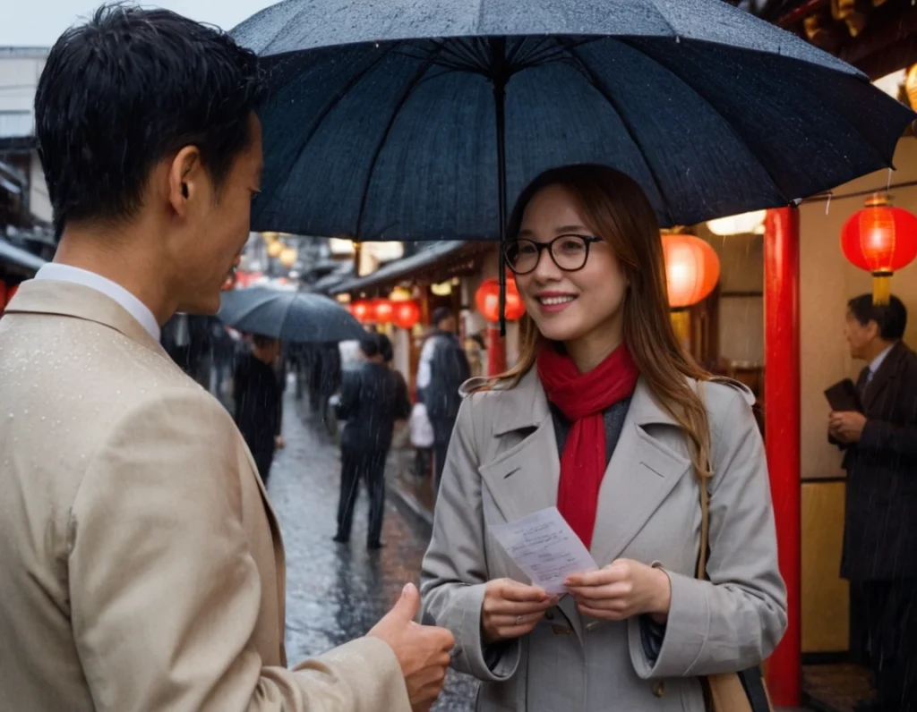 Guide with a black umbrella talks with a smiling traveler in a rainy, lantern-lit temple district with red architecture.
