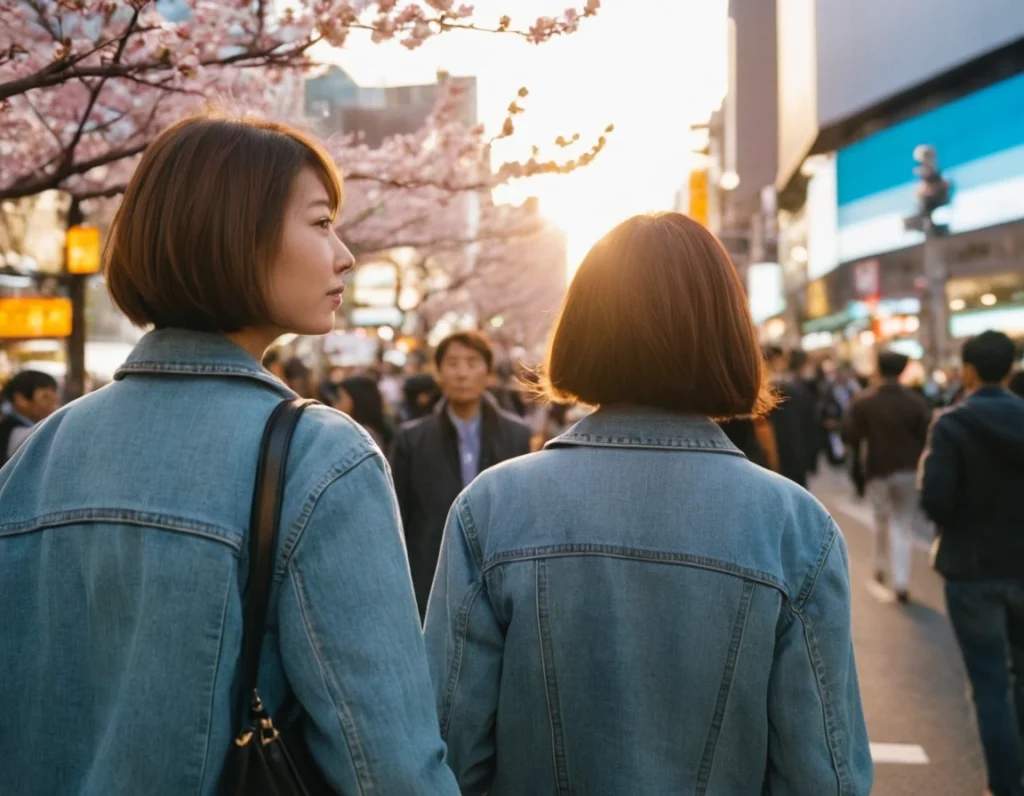 Two people under cherry blossoms looking at bright billboards at dusk