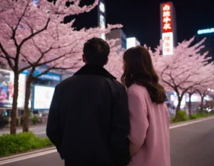 Two people in silhouette facing neon billboards and cherry blossom trees at night