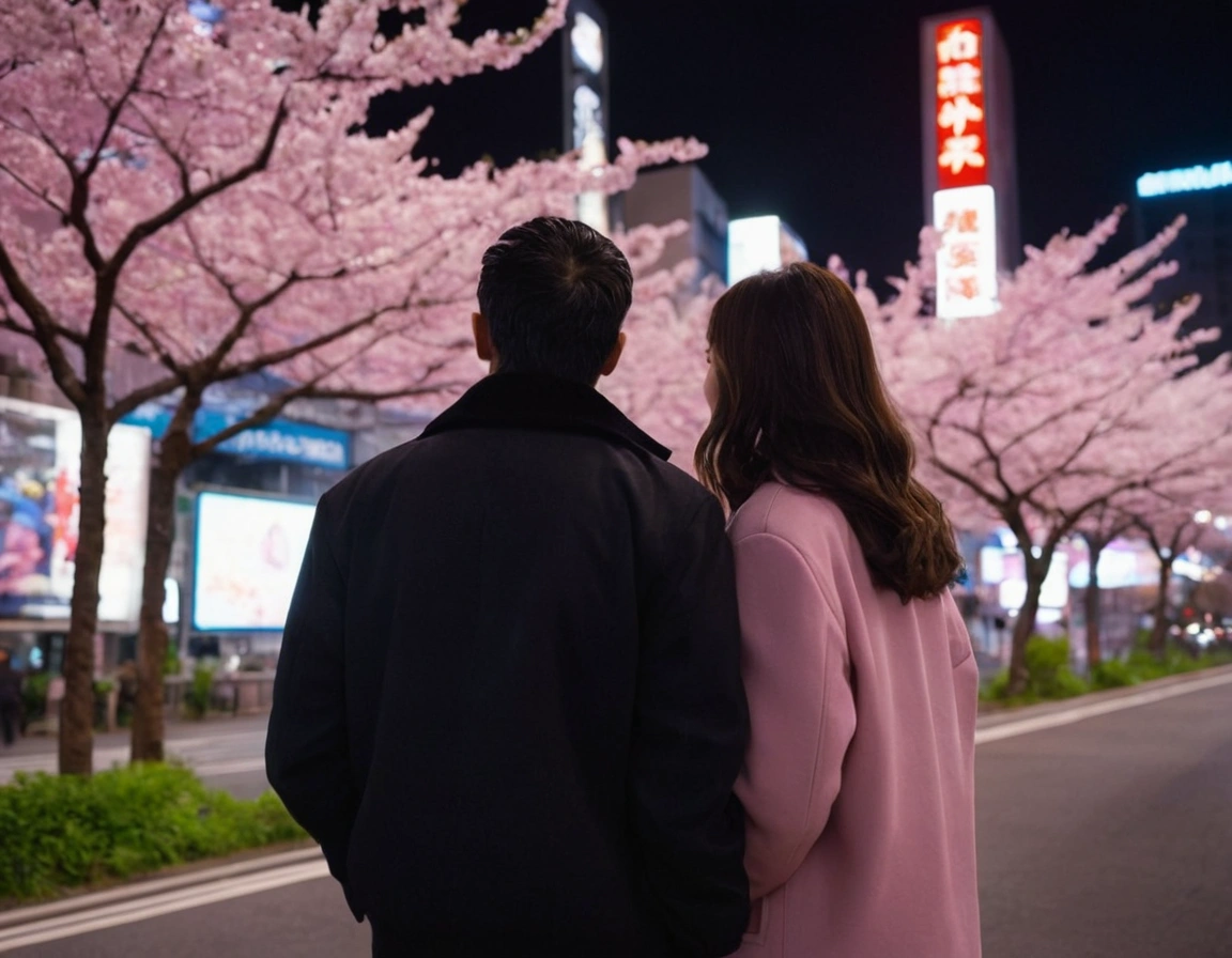 Two people in silhouette facing neon billboards and cherry blossom trees at night