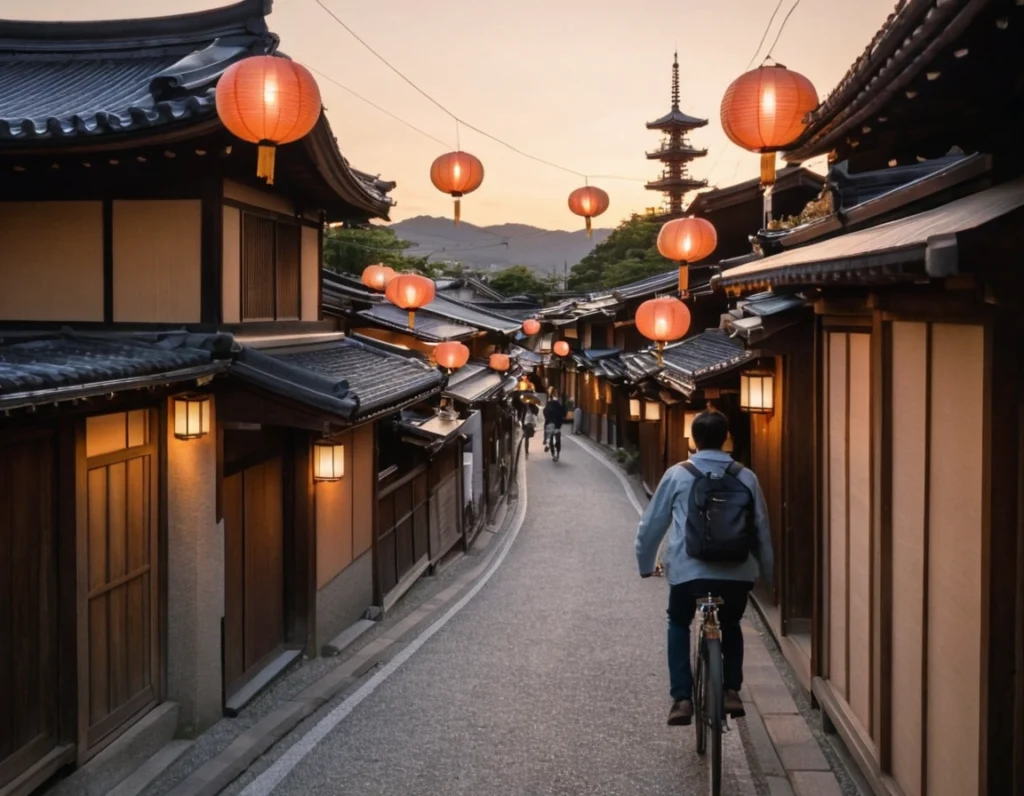 Cyclists ride a narrow Kyoto lane at dusk; warm lanterns and shop signs line houses as a five-story pagoda rises ahead.