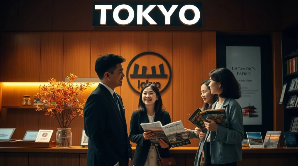 Group meeting at a Tokyo travel center with brochures and signage, receiving trip guidance from a travel agent.
