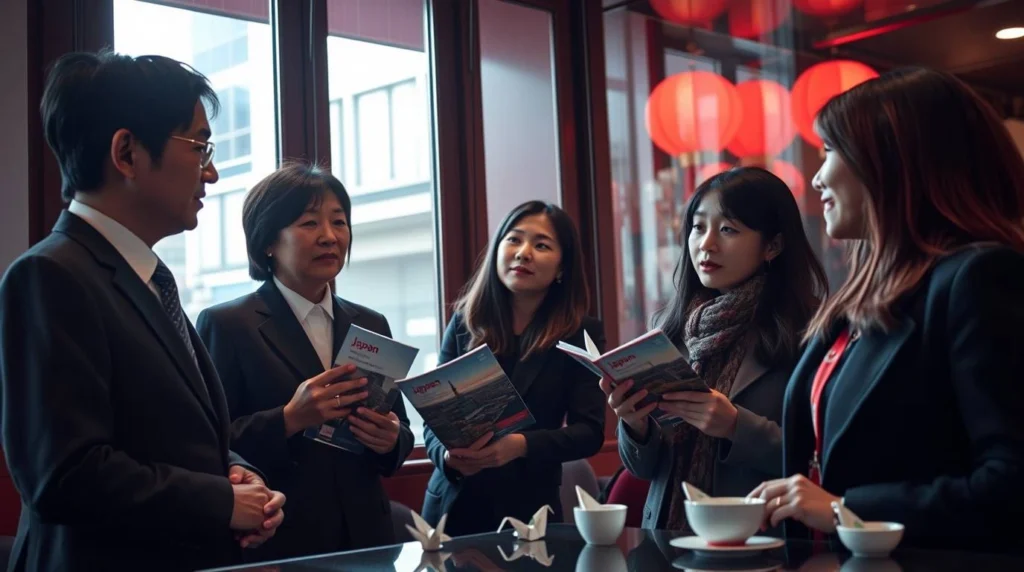 Group of people holding Japan travel brochures in a meeting with red lanterns in the background.