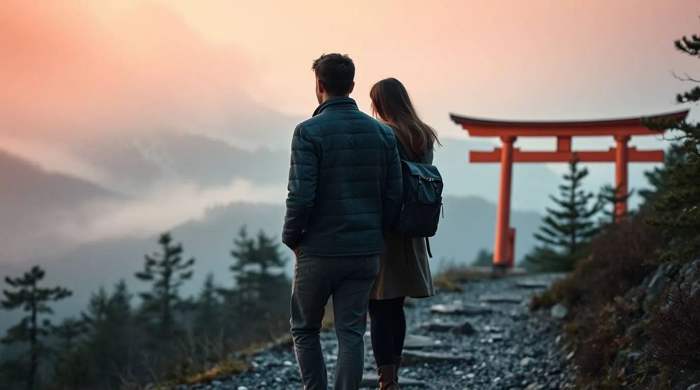 Couple walking toward a red Torii gate on a mountain trail at sunset with misty hills in the background.