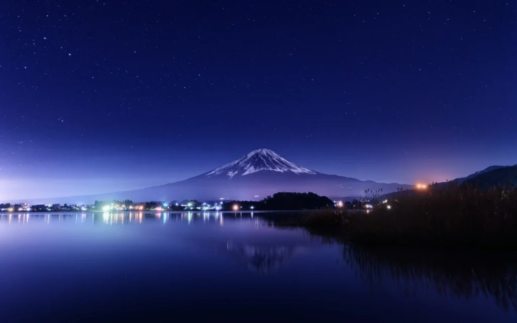 Mount Fuji at Blue Hour with Lakeside Lights