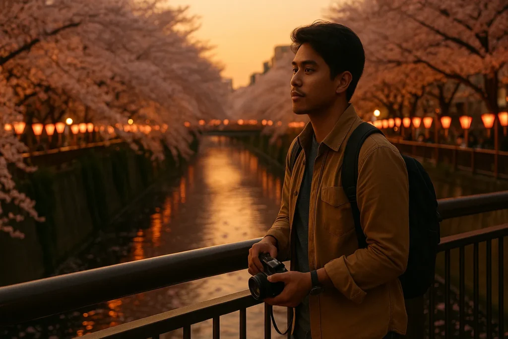 Filipino Traveler at Meguro River During Cherry Blossom Season