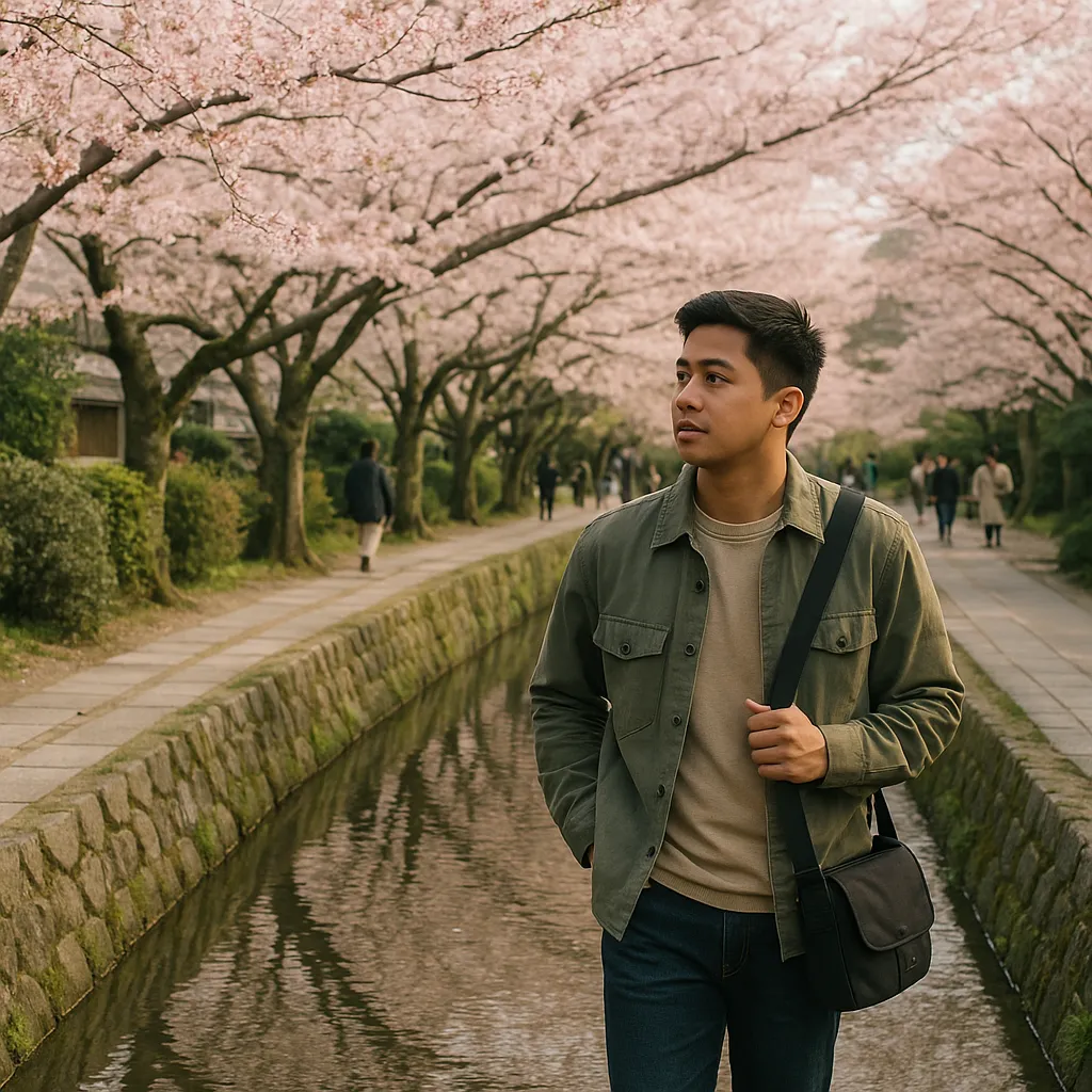 A Filipino traveler exploring Osaka Castle during cherry blossom season