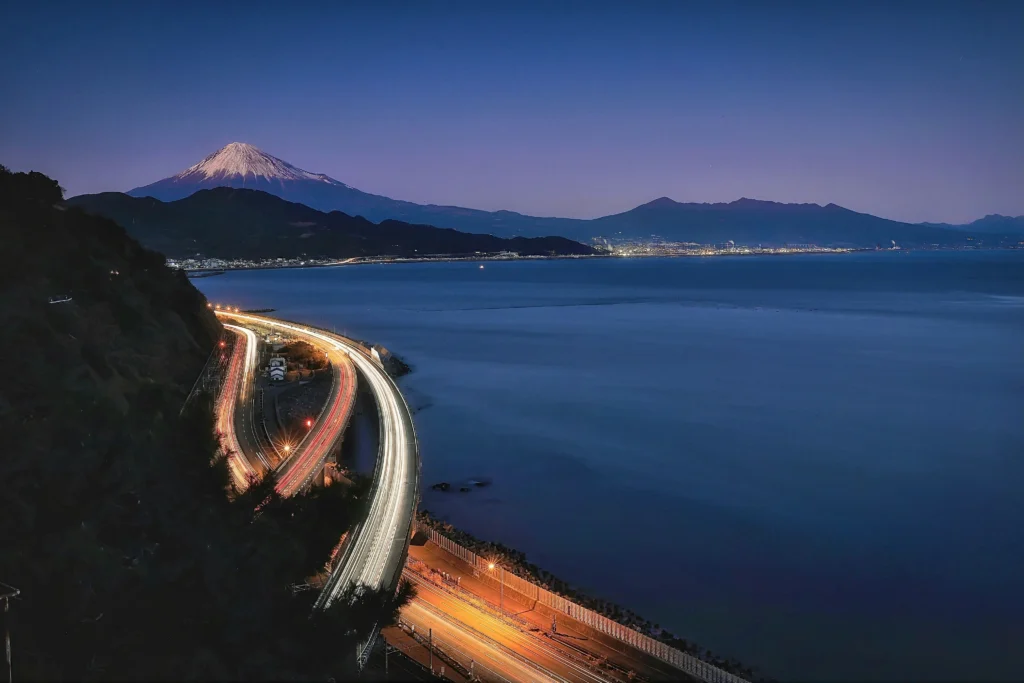 Night Drive on Japan’s Coast with Mount Fuji