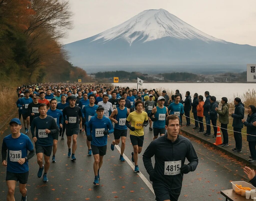 Large crowd of marathoners running along Lake Kawaguchi with a snow-capped Mount Fuji in overcast light; American traveler visible mid-pack; cones, volunteers, and autumn leaves. You said: