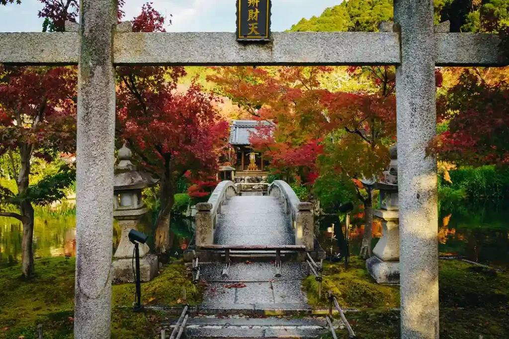 Granite torii frames a small arched stone bridge in a shrine garden, surrounded by red maple trees and a reflective pond.