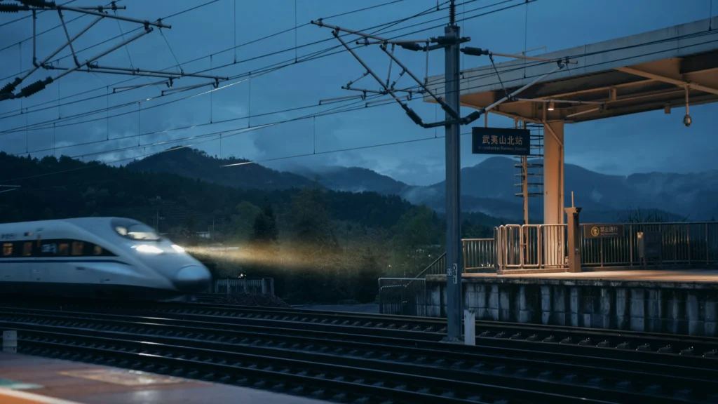 Sleek white high-speed train rushing past a lit platform at dusk, mountains silhouetted behind Wuyishan North Railway Station in China.