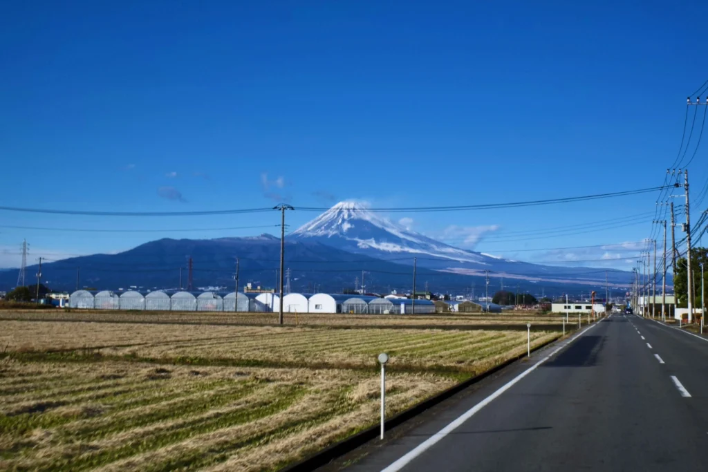 Rural fields and a quiet two-lane road leading toward snow-capped Mt. Fuji; greenhouses under a bright blue sky