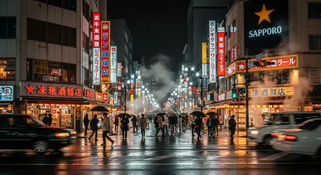 Winter night scene in Sapporo’s Susukino district with neon signs and pedestrians