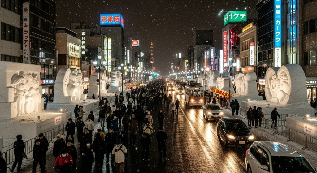 Panoramic snowy street at Sapporo Snow Festival with sculptures and crowds