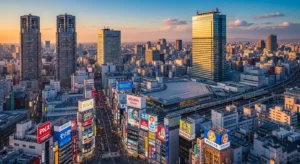 Aerial sunset view of Tokyo with skyscrapers, neon billboards, and busy city streets