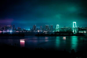Experience the magic of Tokyo Bay at night, featuring the glowing Rainbow Bridge and shimmering skyline reflected on calm waters.