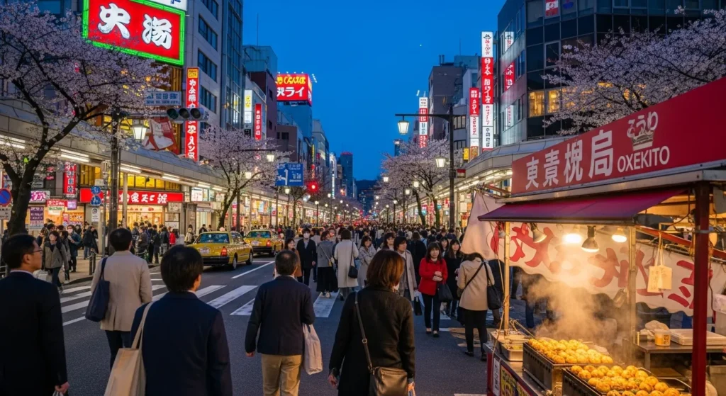 Explore an atmospheric Tokyo street at dusk, complete with cherry blossoms, bustling crowds, and local food stalls—great for travelers seeking authentic urban experiences.