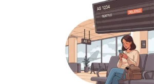 Female traveler at airport gate checking phone with delayed Alaska flight on departure board.